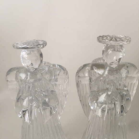 Avon Vintage 24% Lead Crystal Glass Praying Angels Candle Holders Set 7" Holiday - Picture 14 of 16